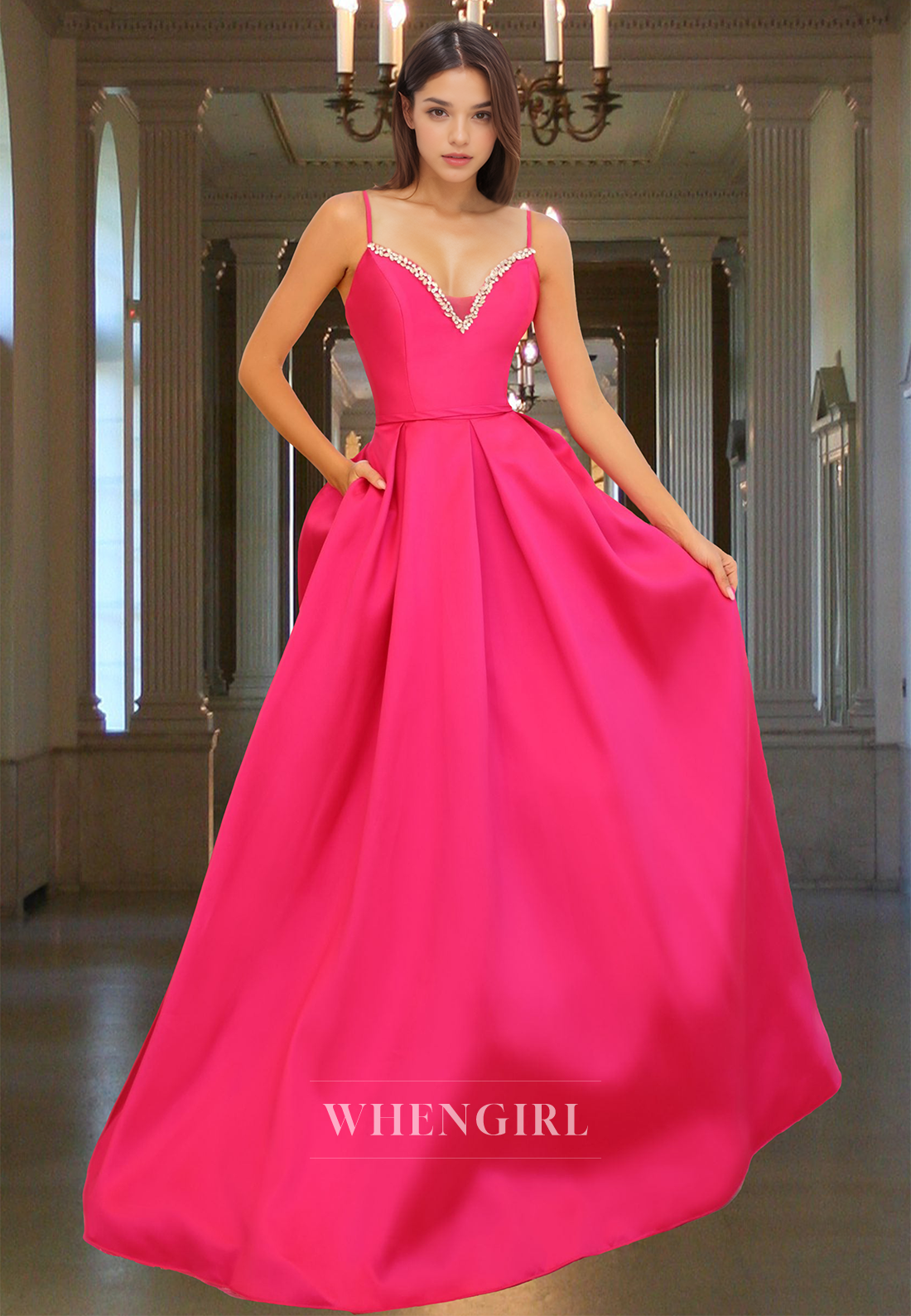 Elegant A-Line Spaghetti Straps V-Neck Satin Pleats Beaded Formal Prom Dress with Pockets