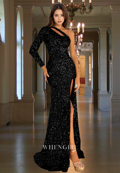 Asymmetrical One Shoulder Side Slit Sequin Long Evening Party Dress with Train