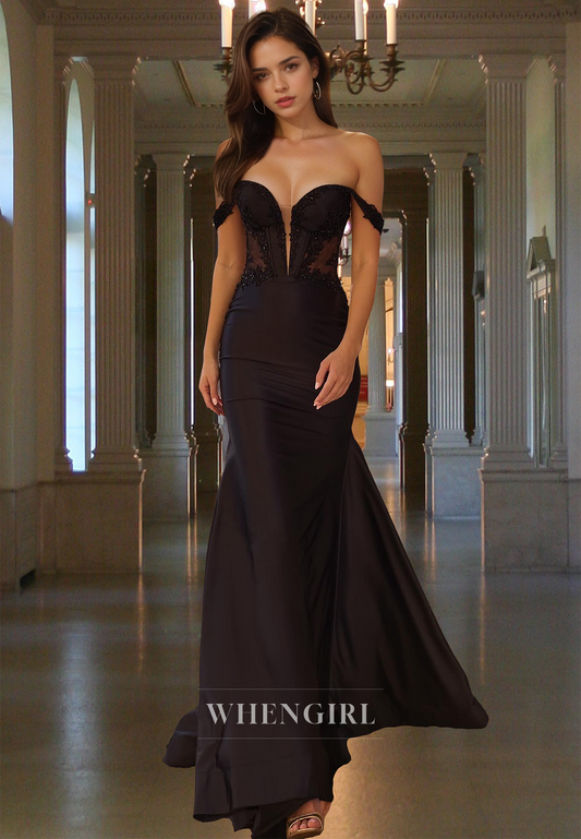 Elegant Empire Waist Off Shoulder Satin Fitted Long  Formal Dress with Appliques Evening Gown