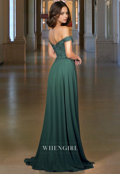 Off-Shoulder A-Line Sleeveless High Slit Train Chiffon Prom Formal Dress with Appliques