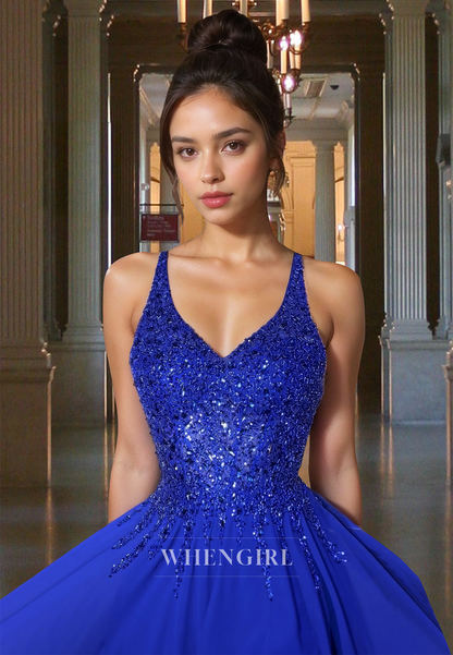 Sparkly Low V-Neck Straps A-Line Appliques Chiffon Pleats Party Prom Dress with Slit