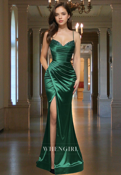 Elegant Sweetheart Straps Sleeveless Beaded Satin Pleats Long Formal Party Gown with Slit