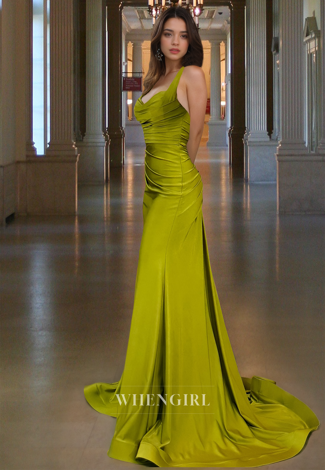Halter Sweetheart Mermaid Pleats Satin Ruched Satin Formal Prom Dress with Slit