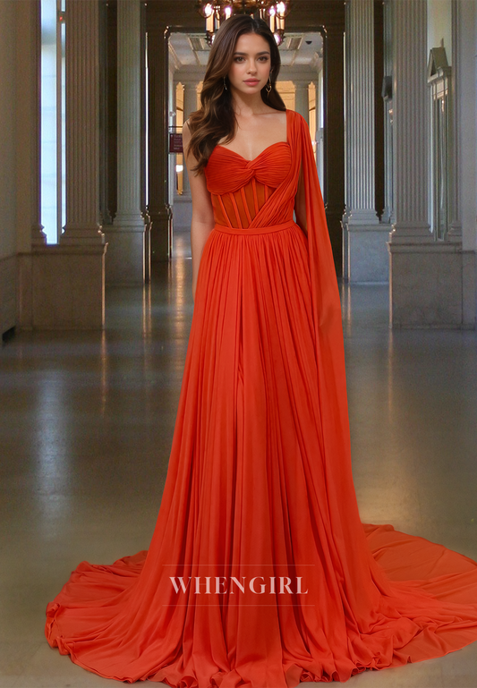 Elegant One Shoulder A-Line Sleeveless Sweep Train Pleats Lace Prom Formal Party Dress