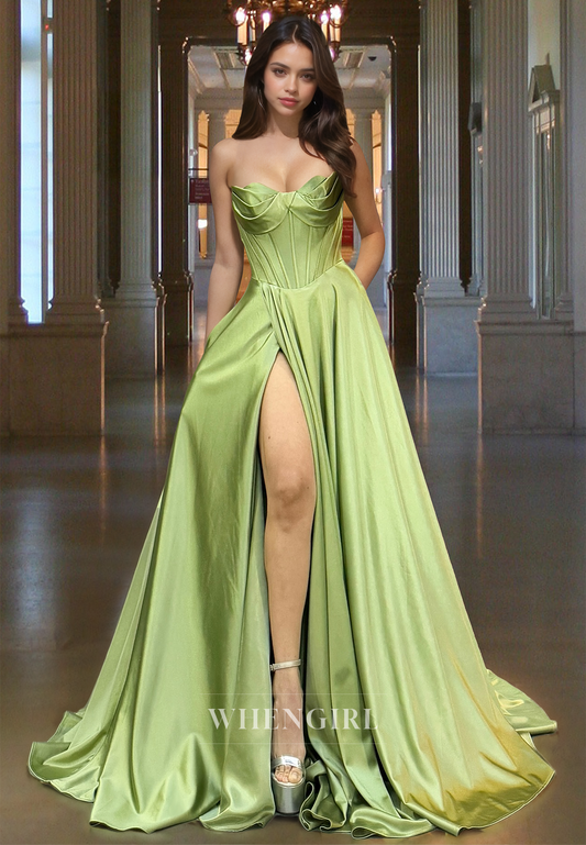 Elegant Sweetheart A-Line Sleeveless Side Slit Satin Pleated Evening Party Dress with Train