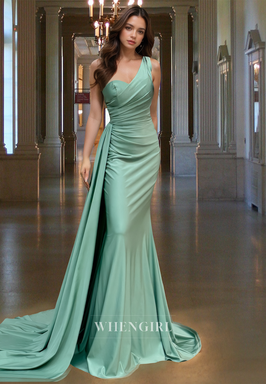 Glamorous One Shoulder Satin Prom Dress Sleeveless Pleats Formal Gown with Train