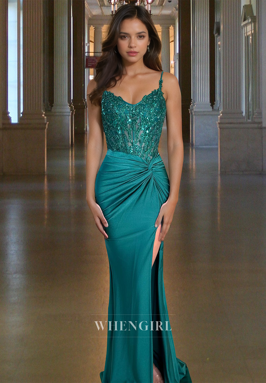 Glamorous Straps Prom Dress Sleeveless Side Slit Long Satin Pleats Formal Gown with Appliques