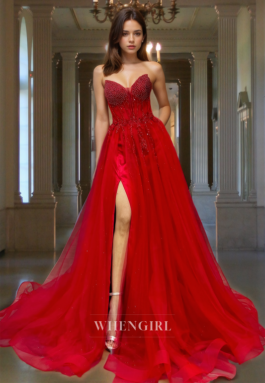 Beaded A-Line Sweetheart Sleeveless Lace Sparkly Evening Party Dress with Side Slit