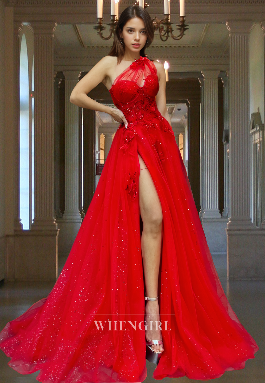 Gorgeous One Shoulder A-Line Side Slit Appliques Glitter Knit Party Evening Dress with Floral