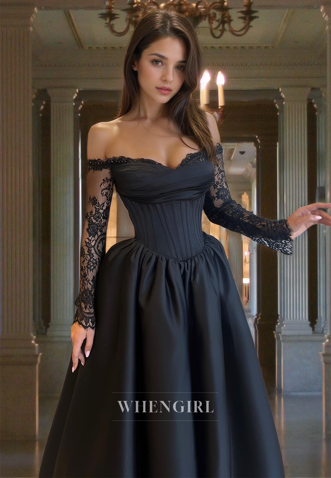Elgant A-Line Sweetheart Long Sleeves Pleated Satin Long Formal Prom Dress with Appliques