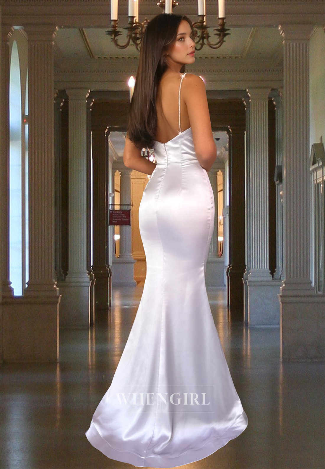 Simple Empire Waist Fitted Spaghetti Straps Satin Long Prom Formal Dress with Slit