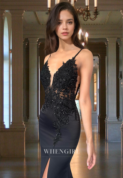 Charming Spaghetti Straps Sheath Sweep Train Satin Party Prom Dress with Appliques