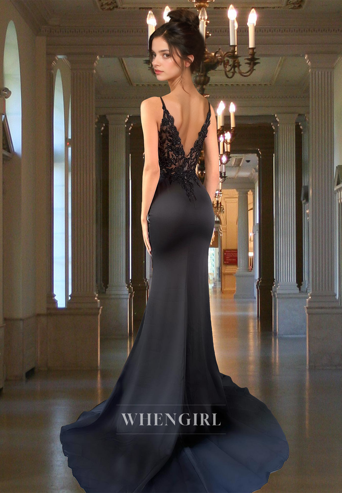 Charming Spaghetti Straps Sheath Sweep Train Satin Party Prom Dress with Appliques