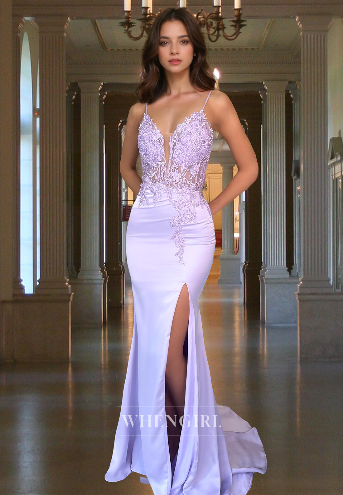 Charming Spaghetti Straps Sheath Sweep Train Satin Party Prom Dress with Appliques