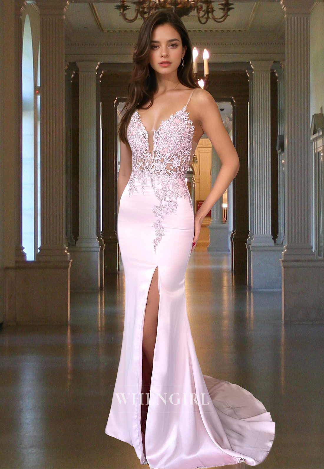 Charming Spaghetti Straps Sheath Sweep Train Satin Party Prom Dress with Appliques