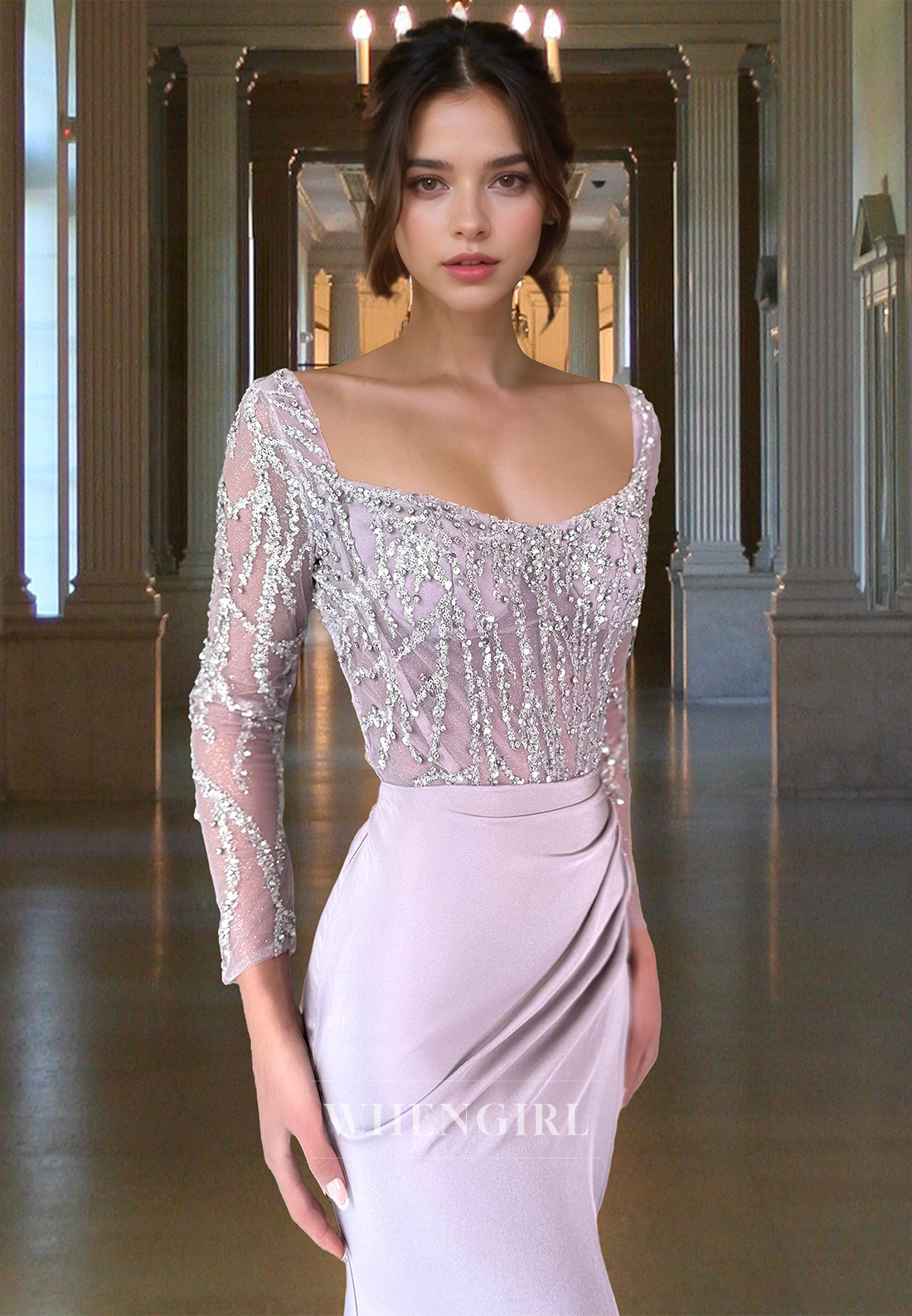 Beaded Long Sleeves Sweetheart Pleated Satin Long Prom Dress Party Dress with Slit