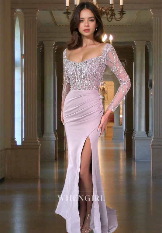 Beaded Long Sleeves Sweetheart Pleated Satin Long Prom Dress Party Dress with Slit