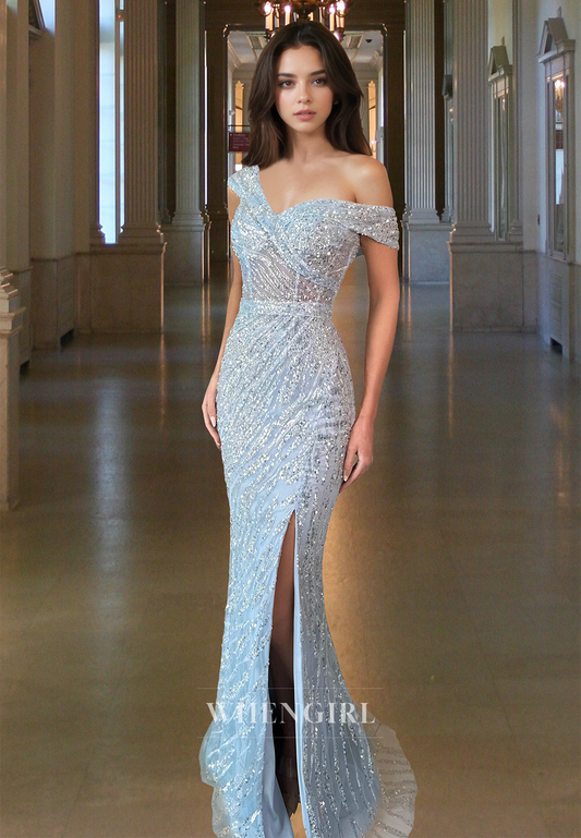 Striking One Shoulder Lace Formal Dress Sleeveless Sheath Long Sequin Party Gown with Slit