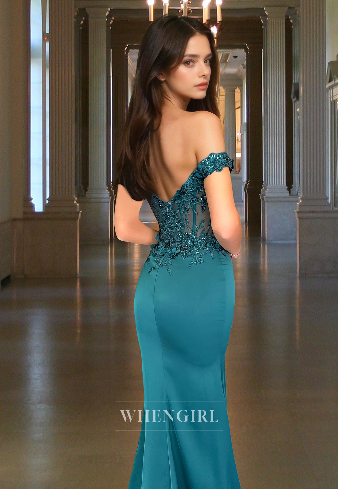 Off Shoulder Fitted Side Slit Sleeveless Brush Train Satin Floral Party Gown with Appliques