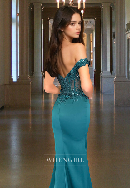 Off Shoulder Fitted Side Slit Sleeveless Brush Train Satin Floral Party Gown with Appliques
