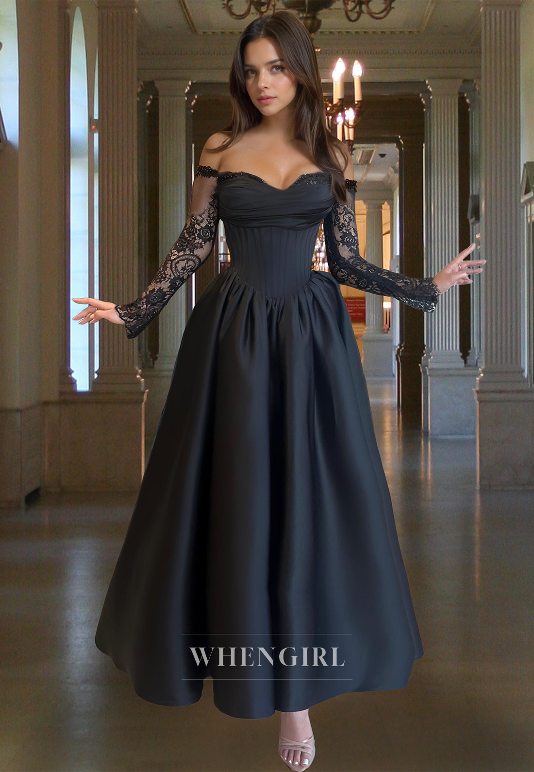Elgant A-Line Sweetheart Long Sleeves Pleated Satin Long Formal Prom Dress with Appliques