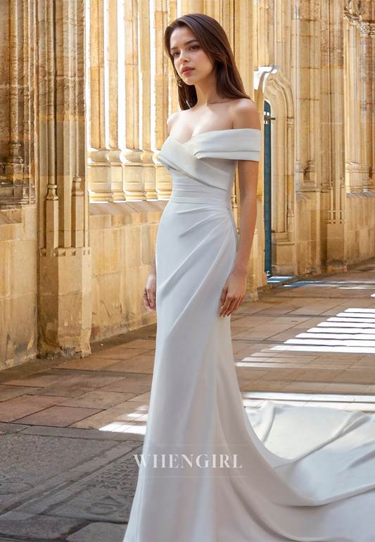 Classic Off-Shoulder Sleeveless Wedding Dress Sheath Ruched Satin Bridal Gown with Train