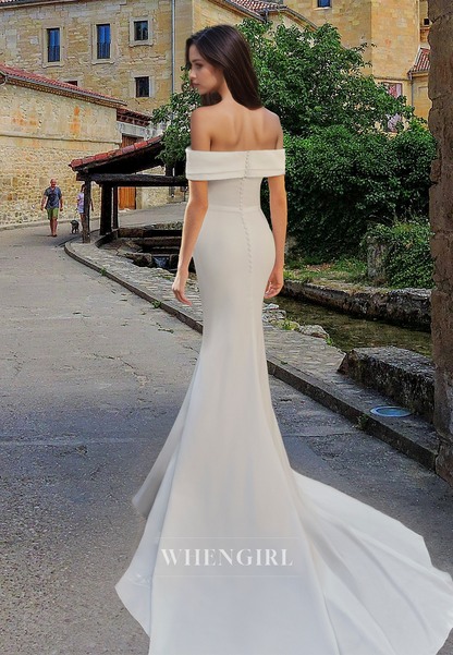 Elegant Off Shoulder Sheath Sleeveless Pleated Satin Wdding Dress with Train Bridal Gown