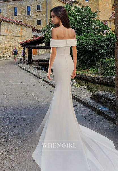 Classic Off-Shoulder Sleeveless Wedding Dress Sheath Ruched Satin Bridal Gown with Train