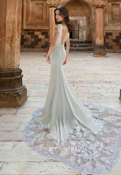 Gorgerous Cap Sleeves V-Neck Mermaid Swwep Train Satin Wedding Dress with Appliques