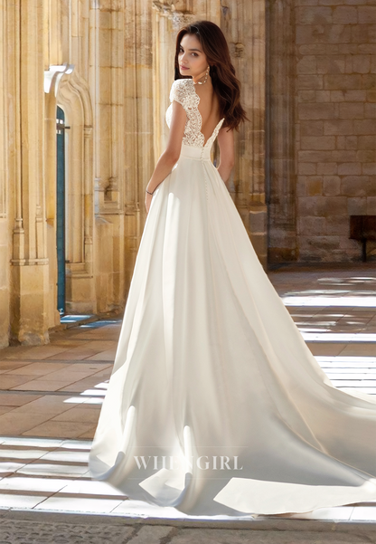 Plunging V-Neck Short Sleeves A-Line Pleated Appliques Wedding Dress Bridal Gown with Slit
