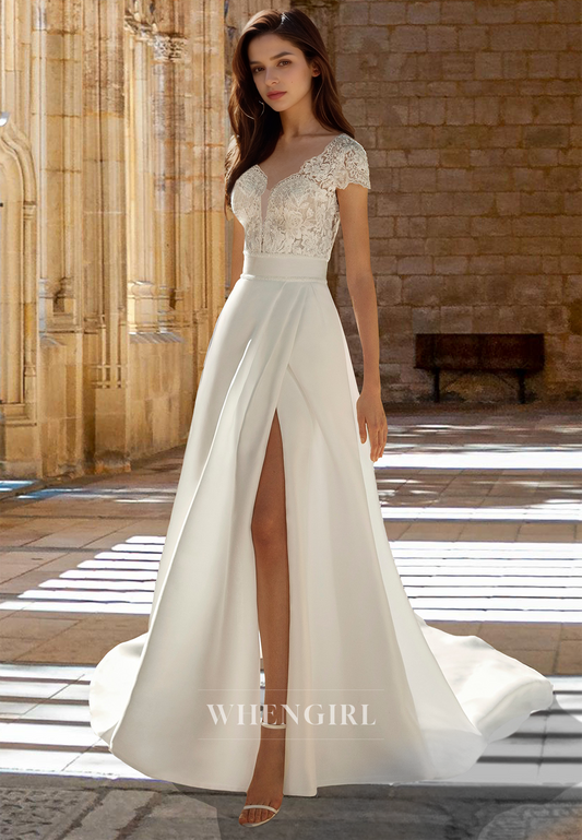 Plunging V-Neck Short Sleeves A-Line Pleated Appliques Wedding Dress Bridal Gown with Slit