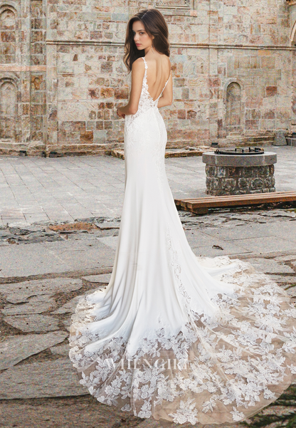 Graceful V-Neck Straps Sheath Train Satin Long Wedding Dress Bridal Gown with Appliques