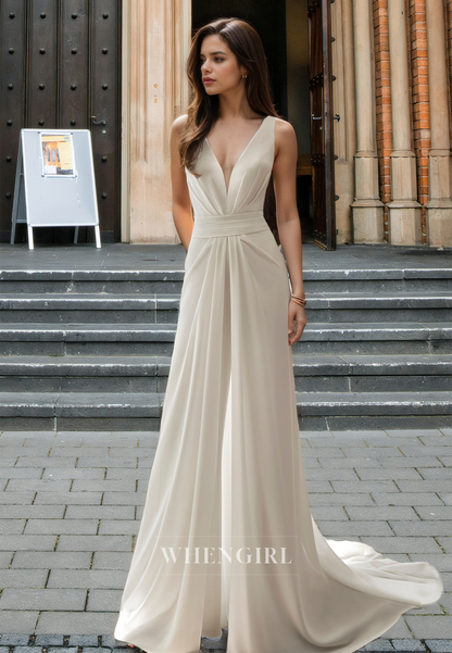 Simple V-Neck Straps A-Line Pleated Beach Wedding Dress Boho Gowns with Brush Train