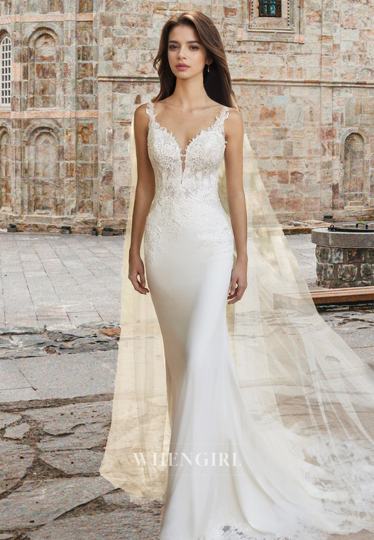 Graceful V-Neck Straps Sheath Train Satin Long Wedding Dress Bridal Gown with Appliques