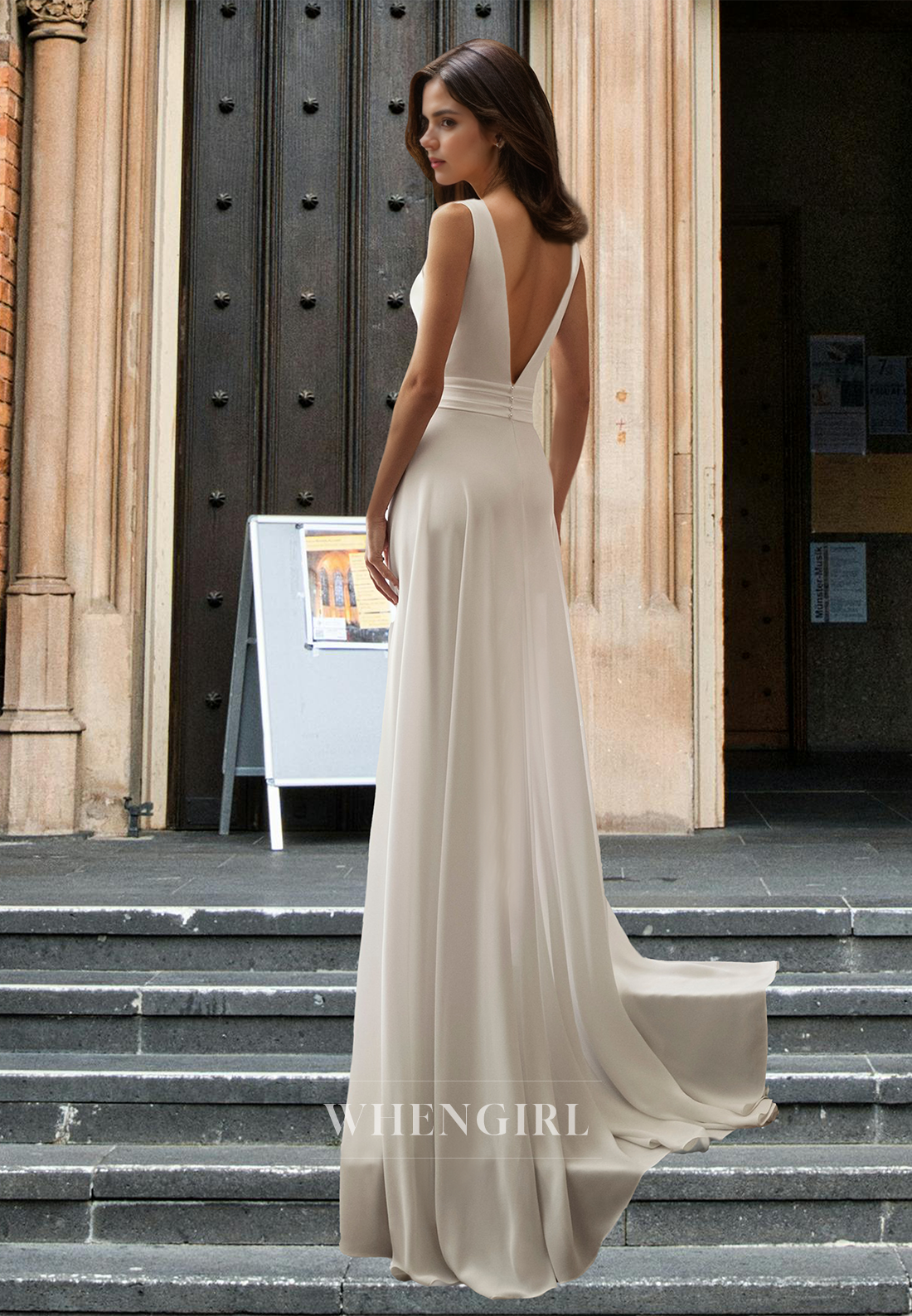 Simple V-Neck Straps A-Line Pleated Beach Wedding Dress Boho Gowns with Brush Train