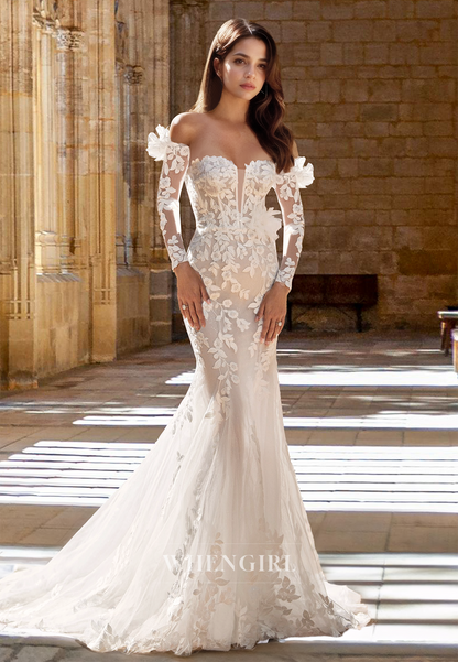 Romantic Sweetheart Long Sleeves Mermaid Floral Lace Beach Wedding Dress with Appliques