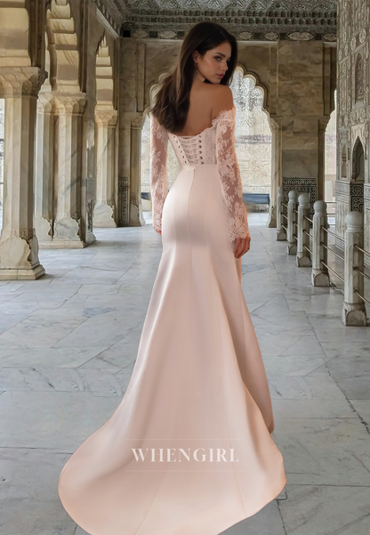 Luxurious Long Sleeves Sweetheart Sheath Short Applique Lace Wedding Dress with Detachable Overskirt