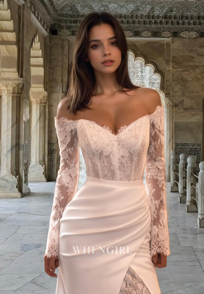 Luxurious Long Sleeves Sweetheart Sheath Short Applique Lace Wedding Dress with Detachable Overskirt