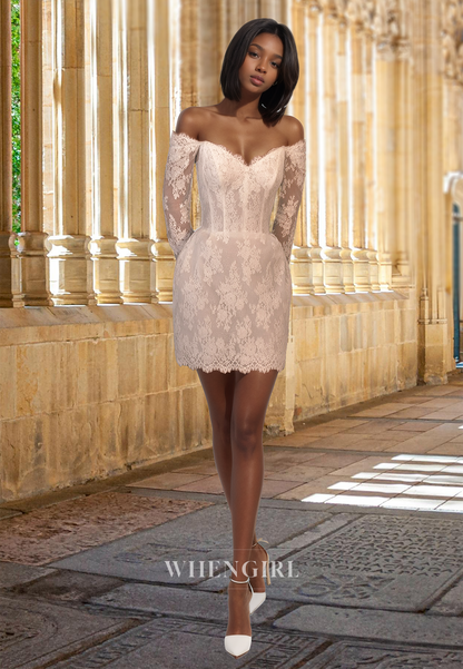 Luxurious Long Sleeves Sweetheart Sheath Short Applique Lace Wedding Dress with Detachable Overskirt