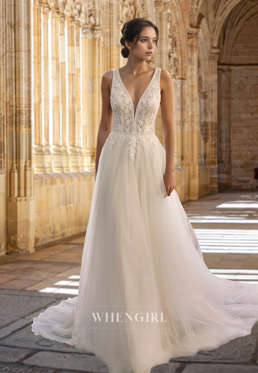 Romantic A-Line V-Neck Straps Sleeveless Appliques Lace Pleats Beach Wedding Dress with Train