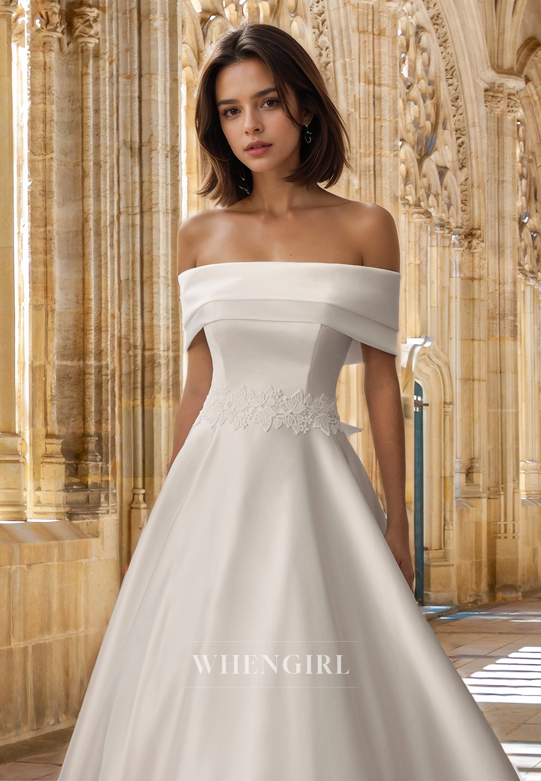 Elegant A-Line Off Shoulder Sweep Train Bows Satin Wedding Dress Bridal Gown with Appliques