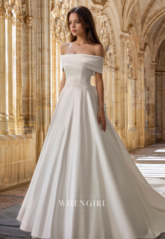 Elegant A-Line Off Shoulder Sweep Train Bows Satin Wedding Dress Bridal Gown with Appliques