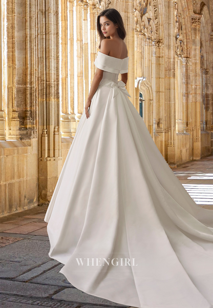 Elegant A-Line Off Shoulder Sweep Train Bows Satin Wedding Dress Bridal Gown with Appliques