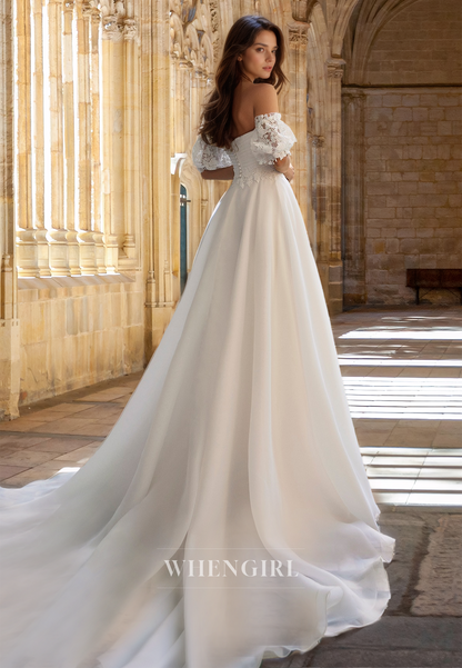 Elegant A-Line Strapless Puff Sleeves Appliques Ruched Lace Wedding Dress with Train