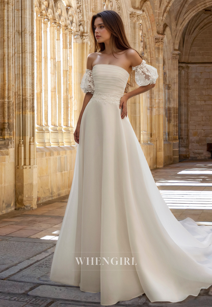 Elegant A-Line Strapless Puff Sleeves Appliques Ruched Lace Wedding Dress with Train