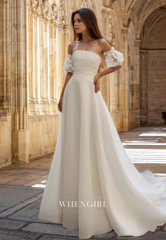 Elegant A-Line Strapless Puff Sleeves Appliques Ruched Lace Wedding Dress with Train