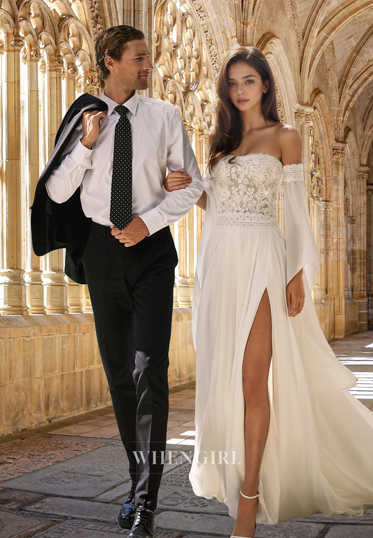 Romantic Tube Top A-Line Long Sleeves Side Slit Train Pleats Lace Bridal Gowns with Appliques