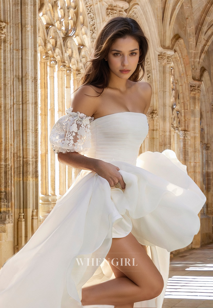 Elegant A-Line Strapless Puff Sleeves Appliques Ruched Lace Wedding Dress with Train