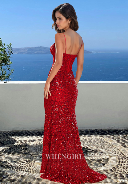 Gorgeous Spaghetti Straps Mermaid Side Slit Seuqin Party Evening Dress with Appliques