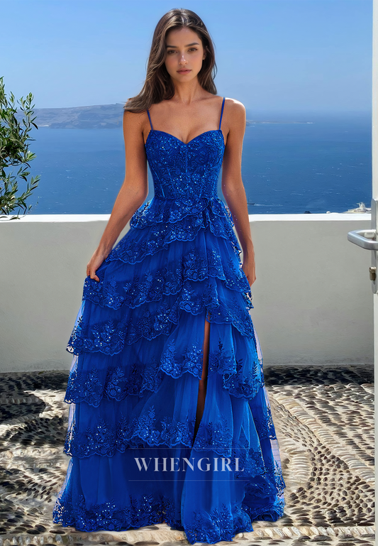 Charming A-Line Sweetheart Straps Sparkly Appliques Lace Ball Gown with Slit Party Gown